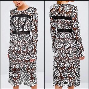 True Decadence Long Sleeve Black and White Floral Appliqué Medi Dress Sz 10